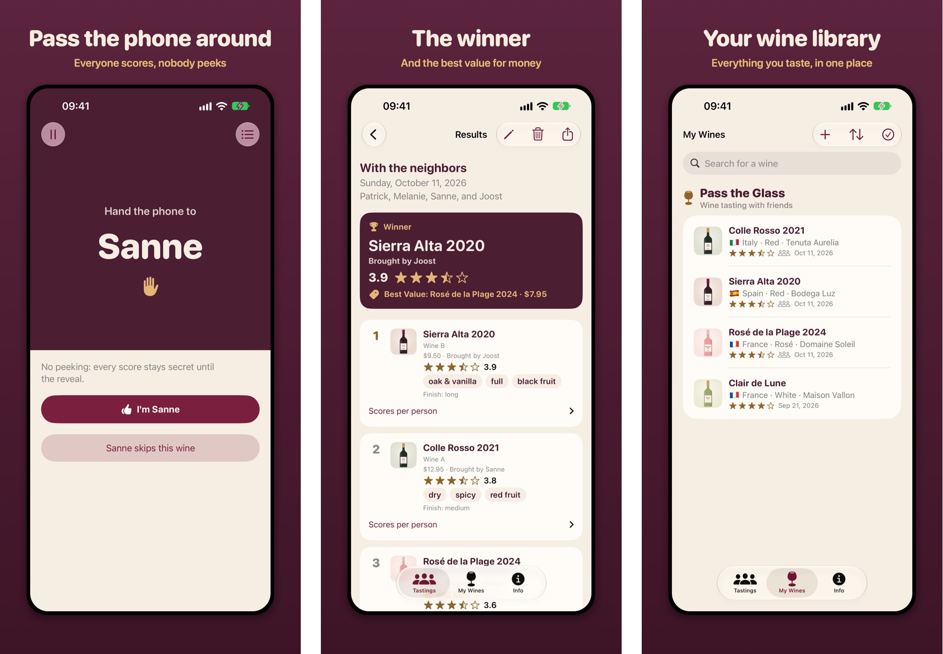 Screens of Pass the Glass: scoring, the results and My Wines