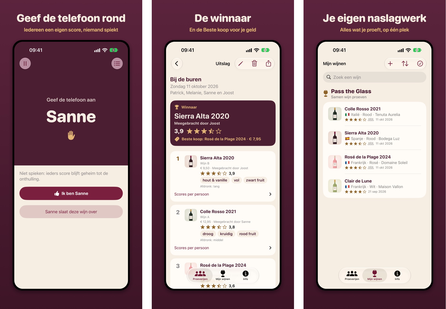 Schermen van Pass the Glass: scoren, de uitslag en Mijn wijnen